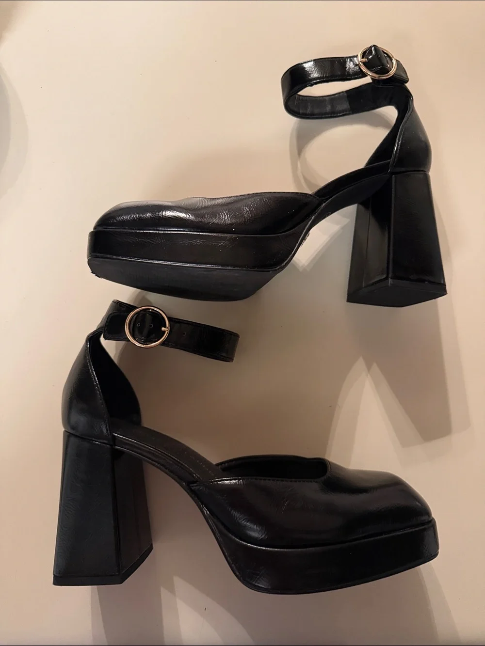 CL by Chinese Laundry Black Platform Ankle-Strap Block Heels with Gold Buckles